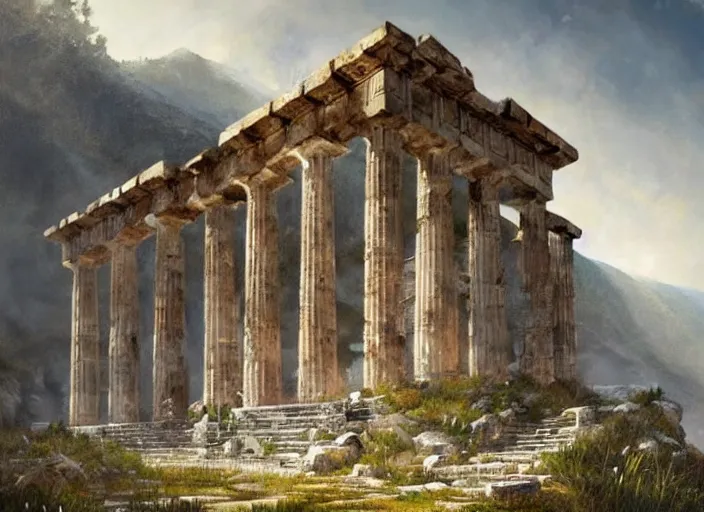 Prompt: An abandoned greek temple in mountains of Larissa, a fantasy digital painting by Greg Rutkowski and James Gurney, trending on Artstation, highly detailed