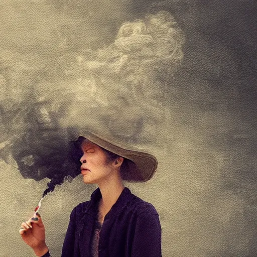 Image similar to a beautiful photo of a smoking person. smoke. impressionism. matte painting. octane render