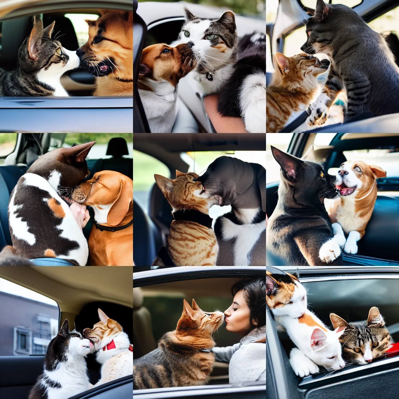 Prompt: cat and dog kissing, inside car