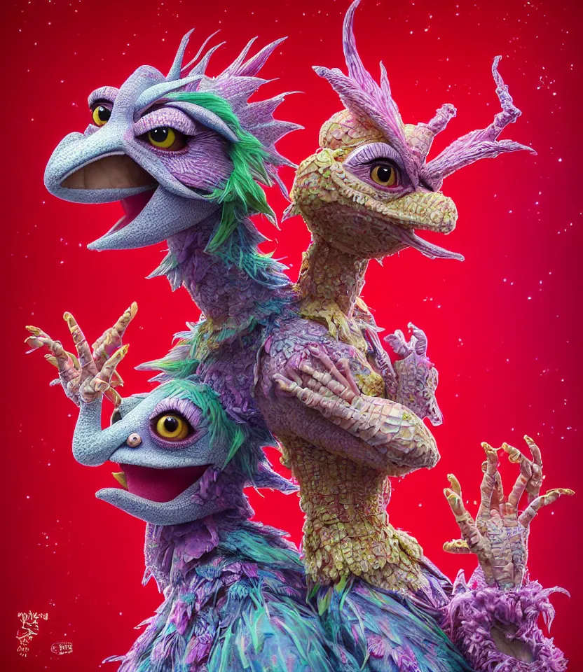 Image similar to hyper detailed 3d render like a Oil painting - kawaii portrait of two Aurora (a beautiful girl skeksis muppet fae princess protective playful expressive acrobatic from dark crystal that looks like Anya Taylor-Joy) seen red carpet photoshoot in UVIVF posing in scaly dress to Eat of the Strangling network of yellowcake aerochrome and milky Fruit and His delicate Hands hold of gossamer polyp blossoms bring iridescent fungal flowers whose spores black the foolish stars by Jacek Yerka, Ilya Kuvshinov, Mariusz Lewandowski, Houdini algorithmic generative render, golen ratio, Abstract brush strokes, Masterpiece, Edward Hopper and James Gilleard, Zdzislaw Beksinski, Mark Ryden, Wolfgang Lettl, hints of Yayoi Kasuma and Dr. Seuss, octane render, 8k