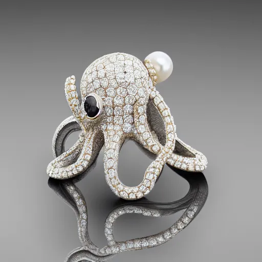 Image similar to hd photo of a octopus ring with diamond and pearls by chanel, art nouveau, denoise, deblur