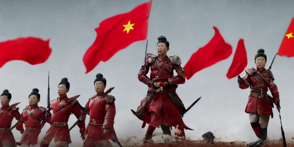 Image similar to mid shot cinematic artwork of a President Xi commanding an ancient Chinese army wearing red armor and holding red flags on the battlefield by greg rutowski, masterpiece, 4k