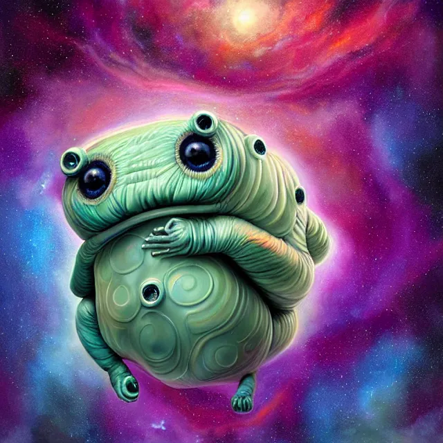 Image similar to a highly detailed tardigrade, it has rainbow hair and a beautiful unconventional face, floating through deep space, elegant, hyperrealistic, digital painting, artstation, realism, concept art, pop, smooth, mythological, sharp focus, qualia, illustration, art by mark ryden 3 d 8 k ultra detailed