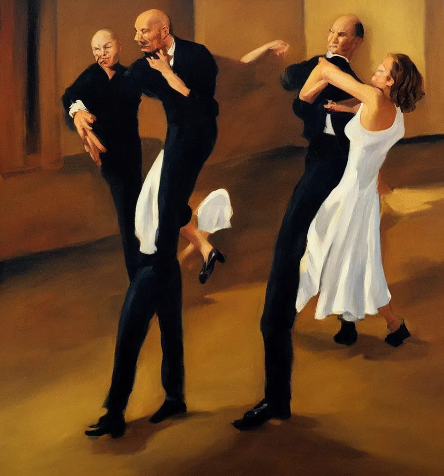 Prompt: A emotional painting of Romy Schneider and Patrick Stewart dancing Tango in a moody spanish club inspired by Edward Hopper and Gustave Courbet.