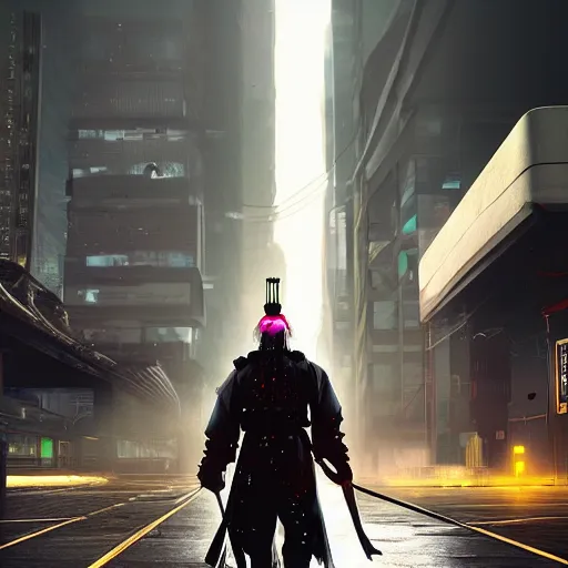 Image similar to cyberpunk samurai in a dytopian future, ultra realistic, fog