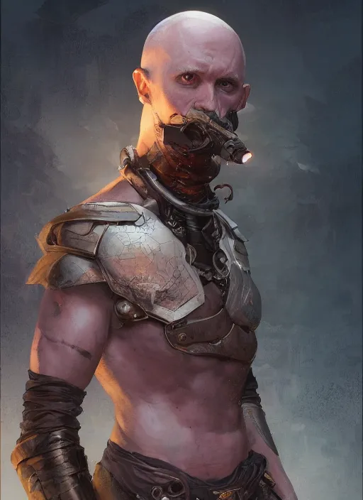 Image similar to fantasy bald male rogue, half body lit, front game card, marvel comics, dark, intricate, highly detailed, smooth, artstation, digital illustration by ruan jia and mandy jurgens and artgerm and wayne barlowe and greg rutkowski and zdislav beksinski