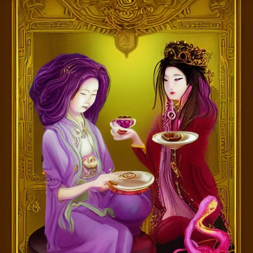 Image similar to style of Guo Hua,The light pink Queen of the Sea waves and her devoted servant gold octopus drink tea ,digital art,atmospheric