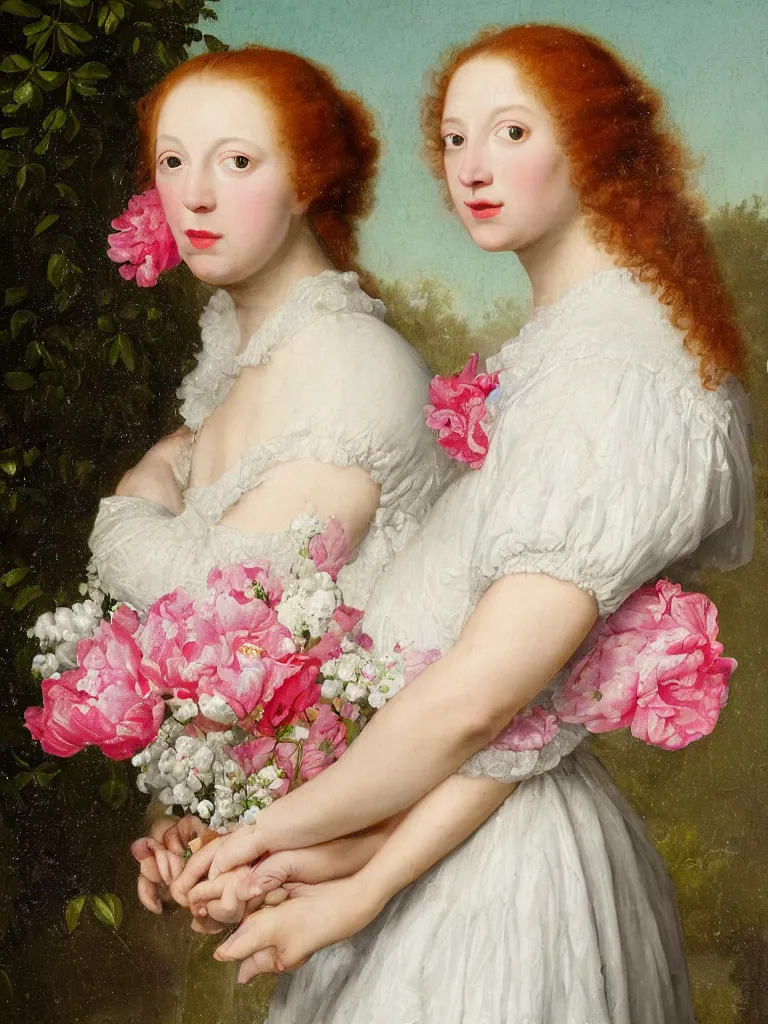 Image similar to Dutch style, Renaissance studio portrait painting of a beautiful, young woman with rosy cheeks, luscious, voluminous, curly red hair adorned with many pink and white flowers, cherry blossoms, peonies, white roses, baby's breath flowers, wearing a white lace dress, against a sea green textured backdrop, in the style of Jan Davidzoon de Heem,