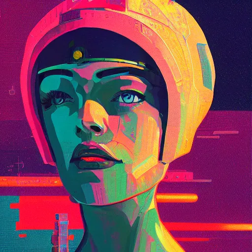 Image similar to a graph - style gouache impasto huge robot head in front of her, cyberpunk art by by james gilleard, mucha, cgsociety, retrofuturism, synthwave, retrowave, outrun