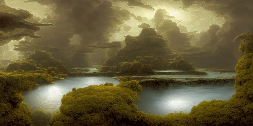 Prompt: digital illustration of the river tethys flowing through an alien landscape, art by Benoit B. Mandelbrot, Steven Belledin, Martin Johnson Heade, Lee Madgwick, and Caspar David Friedrich, a beautifully terraformed alien planet, wide angle, panoramic, fantasy, 8k resolution, deviantart, trending on Artstation, concept art, digital illustration, HDR, Octane, National Geographic Photo