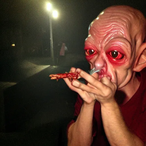 Image similar to Gollum with red eyes smoking blunt selfie