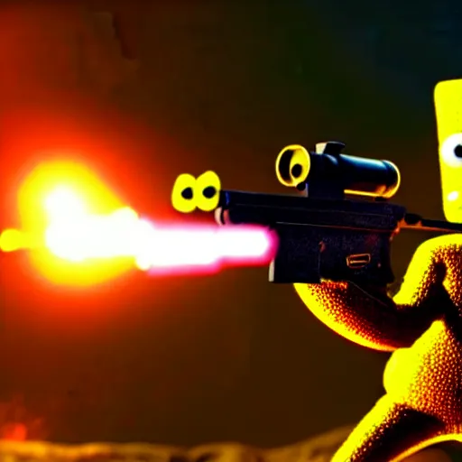 Image similar to high detail full body shot of spongebob squarepants shooting an ak - 4 7 machine gun with muzzle flash, cinematic framing, cinematic light, hard shadows, in the style of the movie lone survivor,