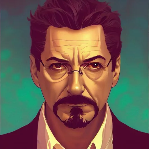 Prompt: Ben Kingsley as Tony Stark, ambient lighting, 4k, alphonse mucha, lois van baarle, ilya kuvshinov, rossdraws, artstation