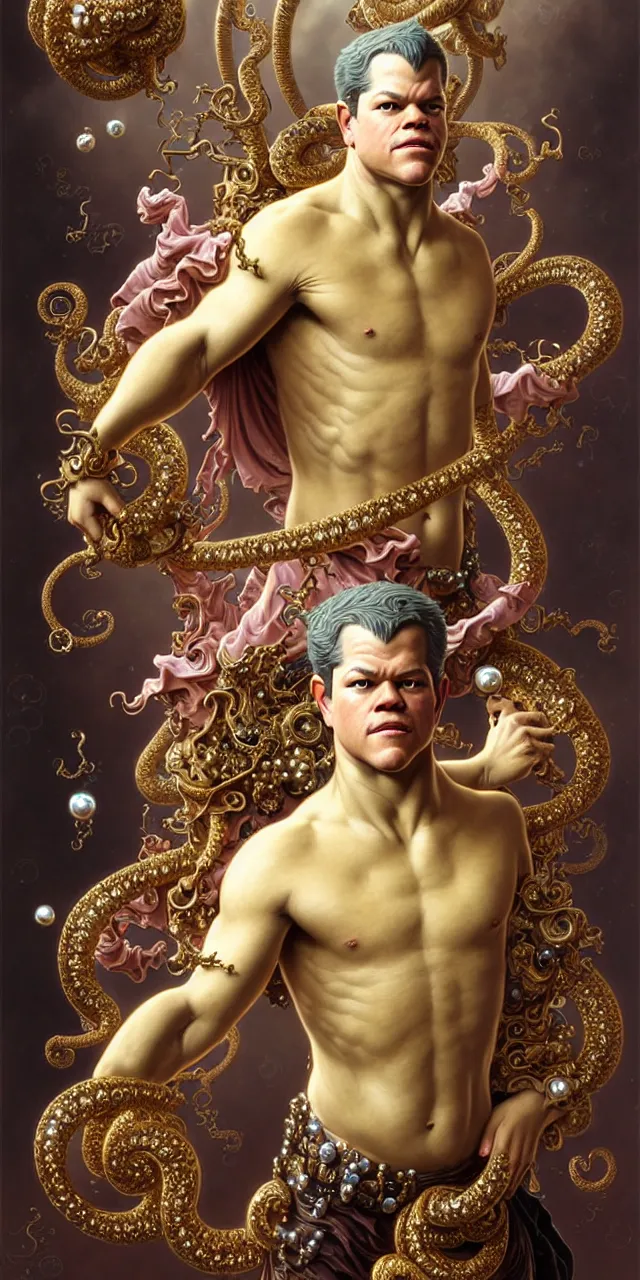 Image similar to handsome matt damon baroque rococo fantasy character portrait, ultra realistic, intricate details, the fifth element artifacts, highly detailed by peter mohrbacher, hajime sorayama, wayne barlowe, boris vallejo, aaron horkey, gaston bussiere, craig mullins alphonse mucha, rococo curves swirls and spirals, flowers pearls beads crystals jewelry goldchains scattered