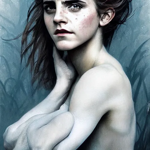 Image similar to Very funny Emma Watson looking like an old monkey, colorful painting on grey scale face, powerful , magic, thunders, dramatic lighting, intricate, wild, highly detailed, digital painting, artstation, concept art, smooth, sharp focus, illustration, art by artgerm and greg rutkowski and alphonse mucha, footage