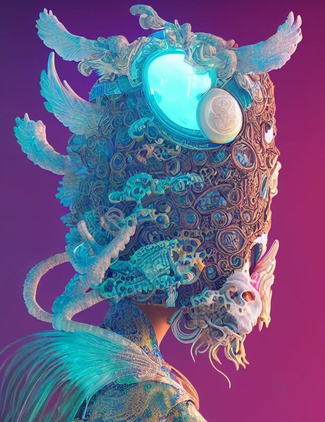 Image similar to 3 d goddess close - up profile solarpunk portrait ram skull. beautiful intricately detailed japanese crow kitsune mask and clasical japanese kimono. betta fish, jellyfish phoenix, bio luminescent, plasma, ice, water, wind, creature, artwork by tooth wu and wlop and beeple and greg rutkowski