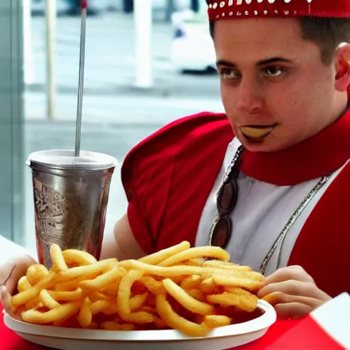 Image similar to roman centurion eating at a mcdonalds, swag