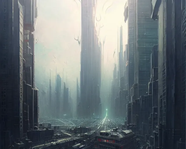 Image similar to great city being watched over by an all-seeing malevolent AI, a sci-fi digital painting by Greg Rutkowski and James Gurney, trending on Artstation, eerily beautiful, highly detailed