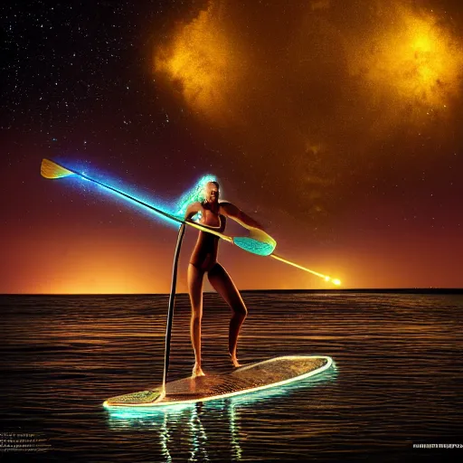 Image similar to bikini girl bioluminescent paddleboarding dark night by highway man painting, stars, galaxies, james webb telescopeimages, photorealistic, high resolution, vray, hdr, hyper detailed, insane details, intricate, elite, ornate, elegant, luxury, dramatic lighting, octane render, weta digital, micro details, 3 d sculpture