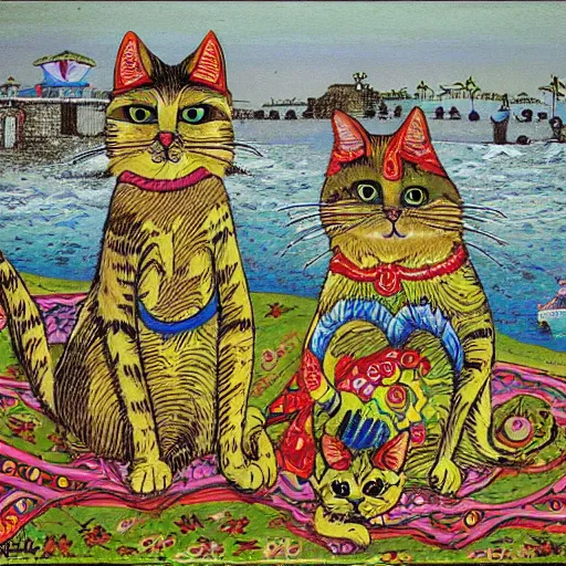 Prompt: cats at the beach by louis wain
