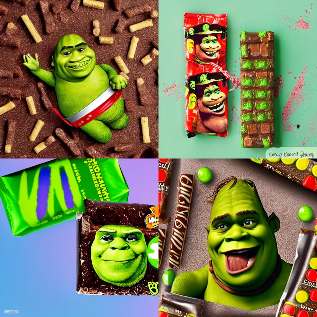 Prompt: A candybar wrapped containing nothing but Shrek