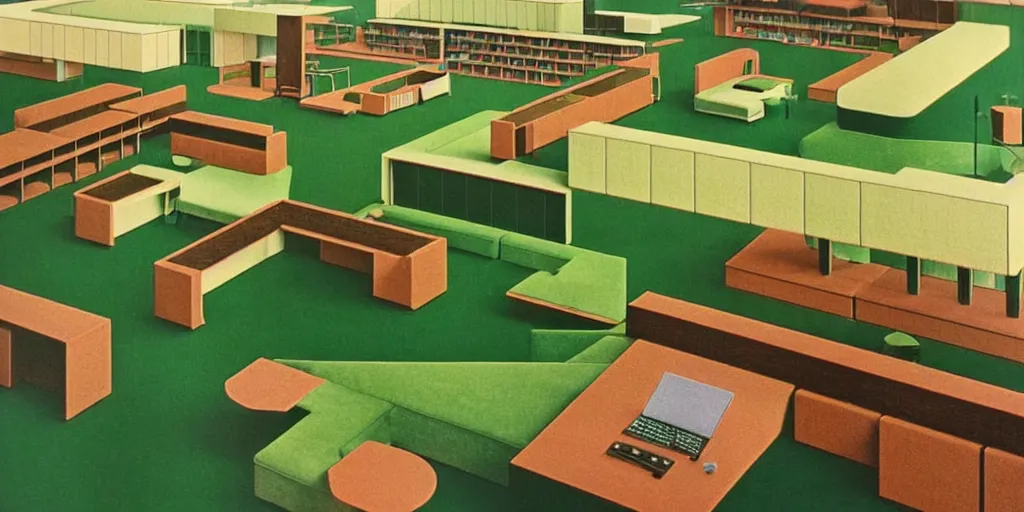 Prompt: huge sprawling gargantuan angular dimension of infinite indoor landscape 7 0 s green velvet and wood with metal office furniture. surrealism, mallsoft, vaporwave. muted colours, 7 0 s office furniture catalogue, shot from above, endless, neverending epic scale by escher and ricardo bofill, salvador dali landscape