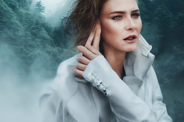 Image similar to a cinematic headshot portrait of a beautiful middle aged woman wearing futuristic white suit on the top of a mountain, overlooking a vast serene forest, large diffused light, neon light, 4 k, ultra realistic, dramatic lighting, rain, clouds, fog, vogue, fashion, glamour, magazine spread, by marco mazzoni and jessica rossier