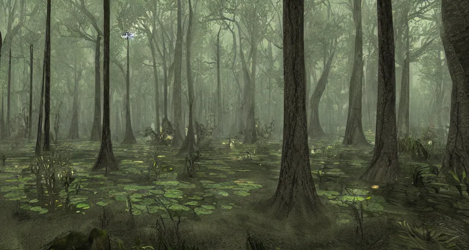 Image similar to A dense and dark enchanted forest with a swamp, from WOW