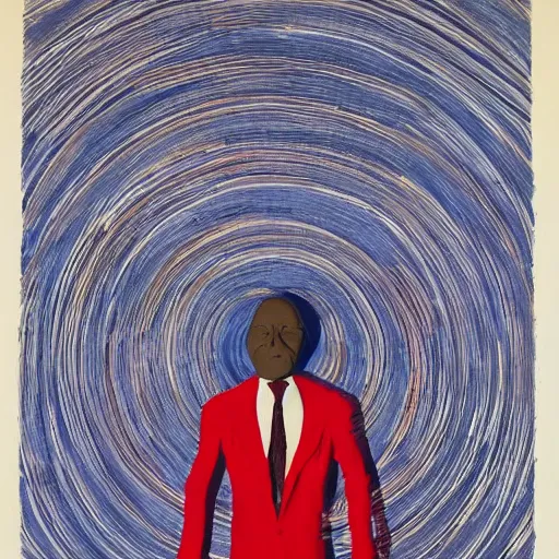 Image similar to A beautiful land art of a man in a red suit with a blue background. The man's eyes are closed and he has a serene, content look on his face. His arms are crossed in front of him and he appears to be floating in space. The blue background is swirling with geometric shapes and patterns. dark black by Andrew Wyeth, by William Wegman comforting