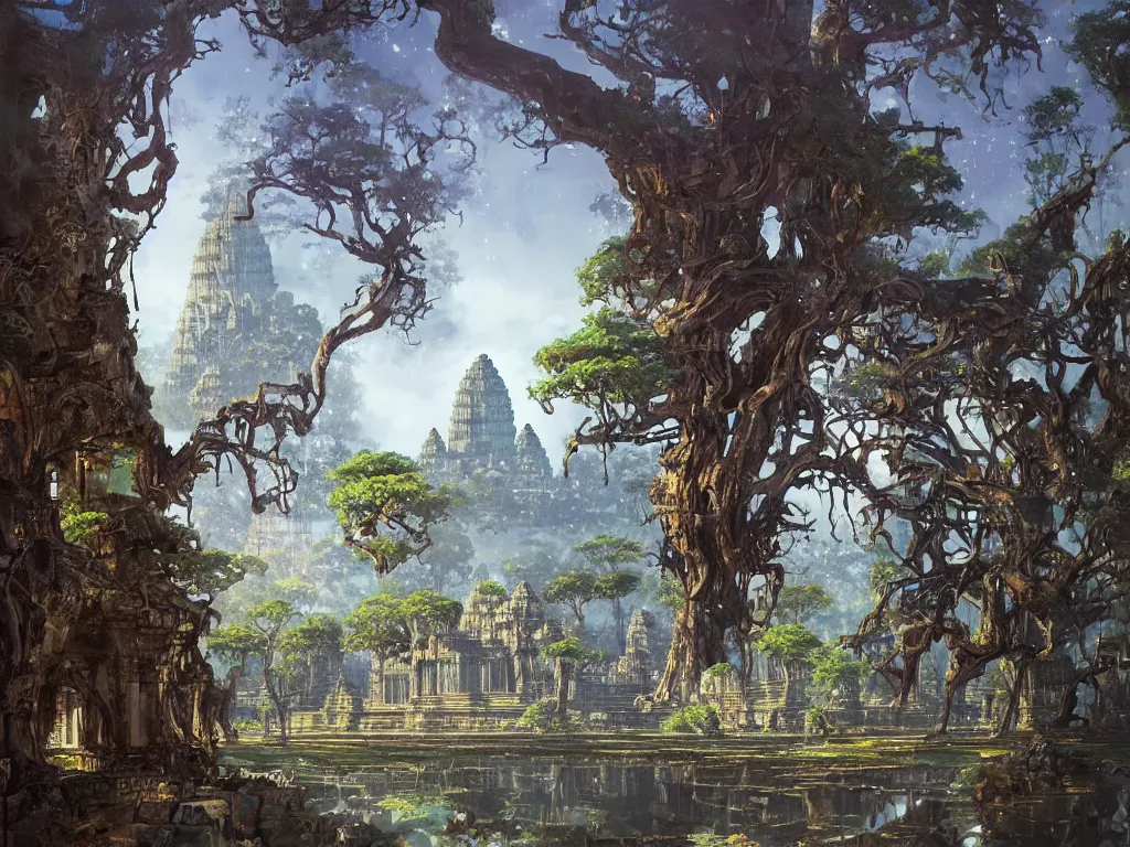 Prompt: a distant cyberpunk angkor wat, sky, portals, sparkling, reflecting pool, robots, ancient trees by paul lehr, jesper ejsing