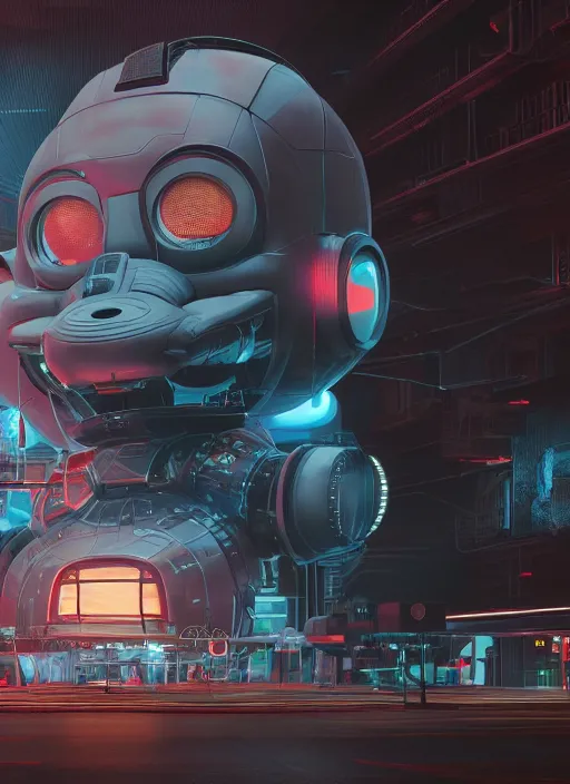 Image similar to people building giant head of a robot mickey mouse inside of abandoned netflix office, cyberpunk, by beeple, dystopia, golden ratio, octane render, redshift, trending on artstation, 8 k