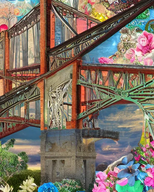 Image similar to detailed bridge with unexpected maximalist elements. 8x HD mixed media 3D collage in the style of an hyperdetailed childbook illustration in soft natural tones. matte background no frame HD