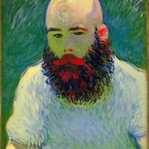 Image similar to monet painting of a bearded man with shaved head, he is vomiting on a soccer ball, highly detailed, realistic,