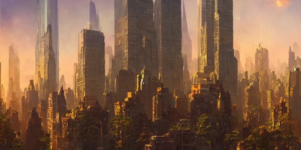 Prompt: a fantasy solarpunk statue of new york city, landscape illustration by greg rutkowski, bright sunlight, golden hour, vivid and colorful trees and plants and flowers on buildings, smooth digital concept art, 4 k, trending on artstation