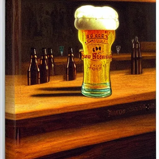 Prompt: A pint of beer sitting on a bar, by Johfra Bosschart