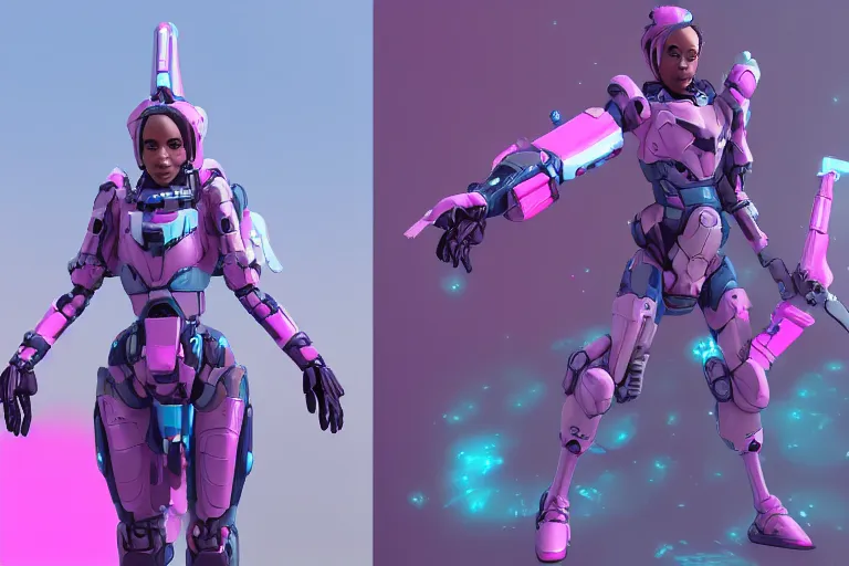 Image similar to a beautiful woman, piloting a mech. Pink and blue color scheme. Scifi city street background. In the style of Arcane by fortiche. Marmoset Toolbag, zbrush, substance painter.