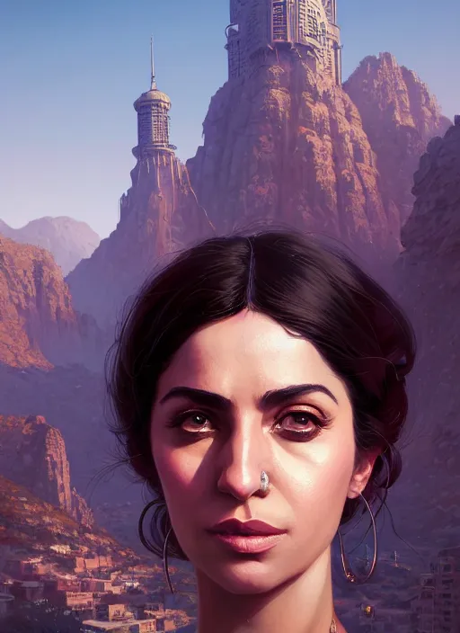 Image similar to highly detailed portrait of iranian woman in gta v, stephen bliss, unreal engine, fantasy art by greg rutkowski, loish, rhads, ferdinand knab, makoto shinkai and lois van baarle, ilya kuvshinov, rossdraws, tom bagshaw, global illumination, radiant light, detailed and intricate environment