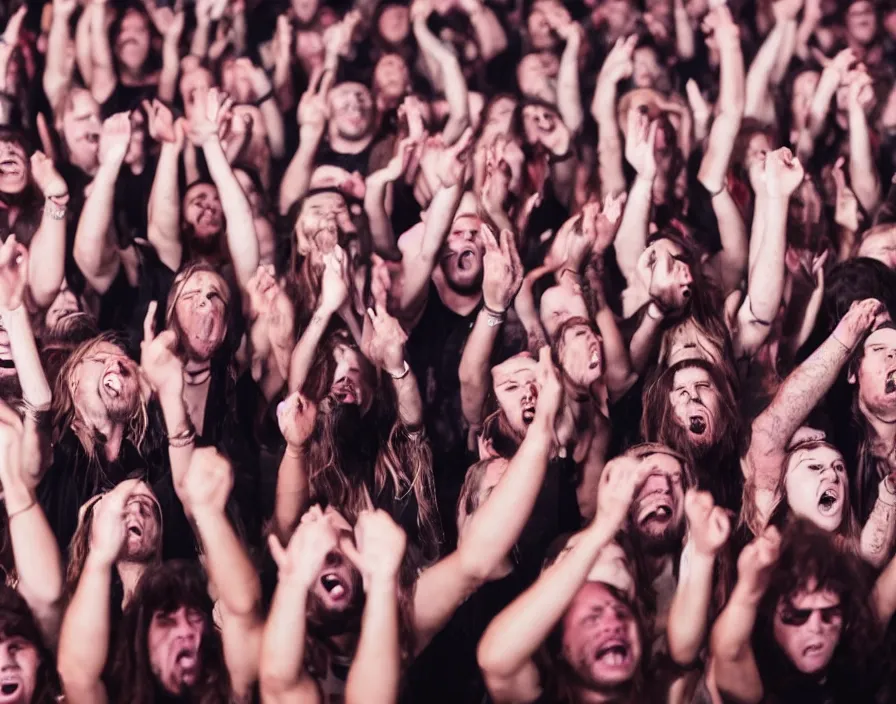 Image similar to close up photo of the audience at a heavy metal concert having their faces melted off by heavy metal music