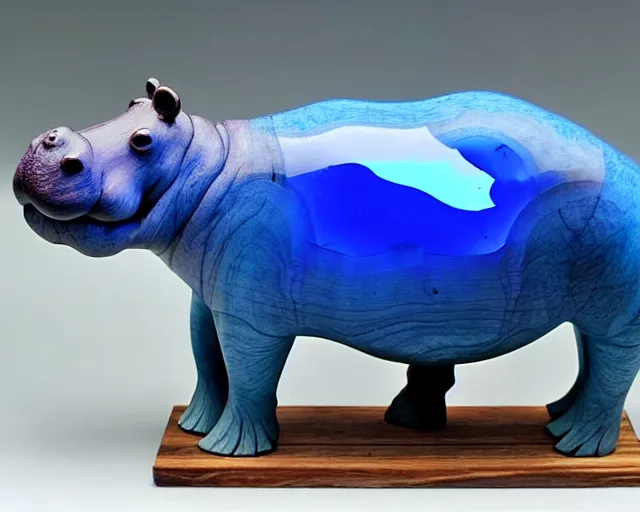 Image similar to a sculpture of hippo baby, bottom half wood!!!!! carved, top half blue translucid resin epoxy, cubic blocks, side view centered, mixmedia, transparent,