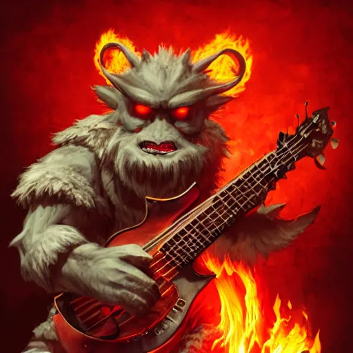 Prompt: bugbear playing flaming ibanez bass guitar, black beard, dungeons and dragons, hunters gear, character design on white background, drawn by studio ghibli, craig mullins, j. c. leyendecker 8 k, proko, trending on artstation colours red and gold