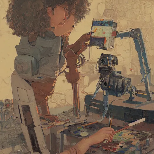 Image similar to robot artist painting a self - portrait on a canvas. intricate, highly detailed, digital matte painting, in the style of alexandros pyromallis, and in the style of sachin teng, and in the style of hans thoma, and in the style of robert mcginnis. irony, recursion, inspiration.