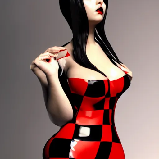 Prompt: curvy feminine hot goth woman with elegant red-black checkered latex dress, cgsociety, photorealistic, sublime-comfy-elegant ambience, 16k, smooth, sharp focus, trending on ArtStation, volumetric lighting, fully clothed, worksafe