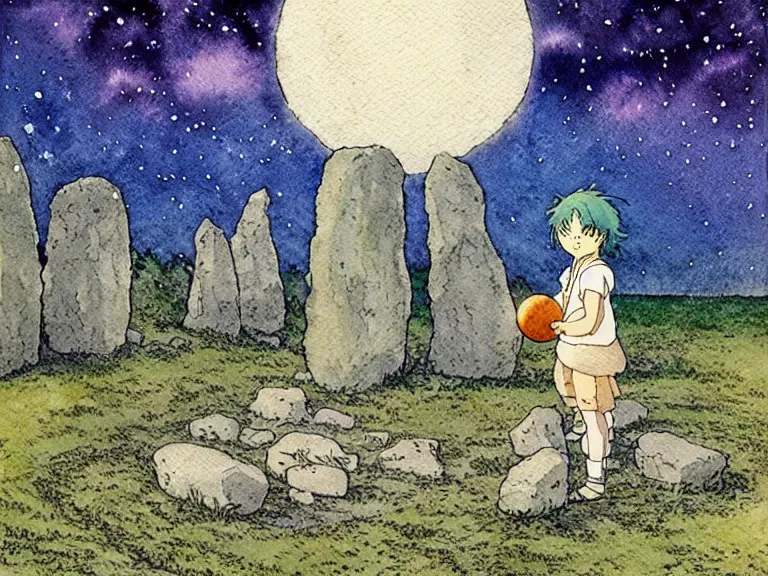 Image similar to a simple watercolor studio ghibli movie still fantasy concept art of a giant kid playing with stones like they are toys in stonehenge. it is a misty starry night. by rebecca guay, michael kaluta, charles vess