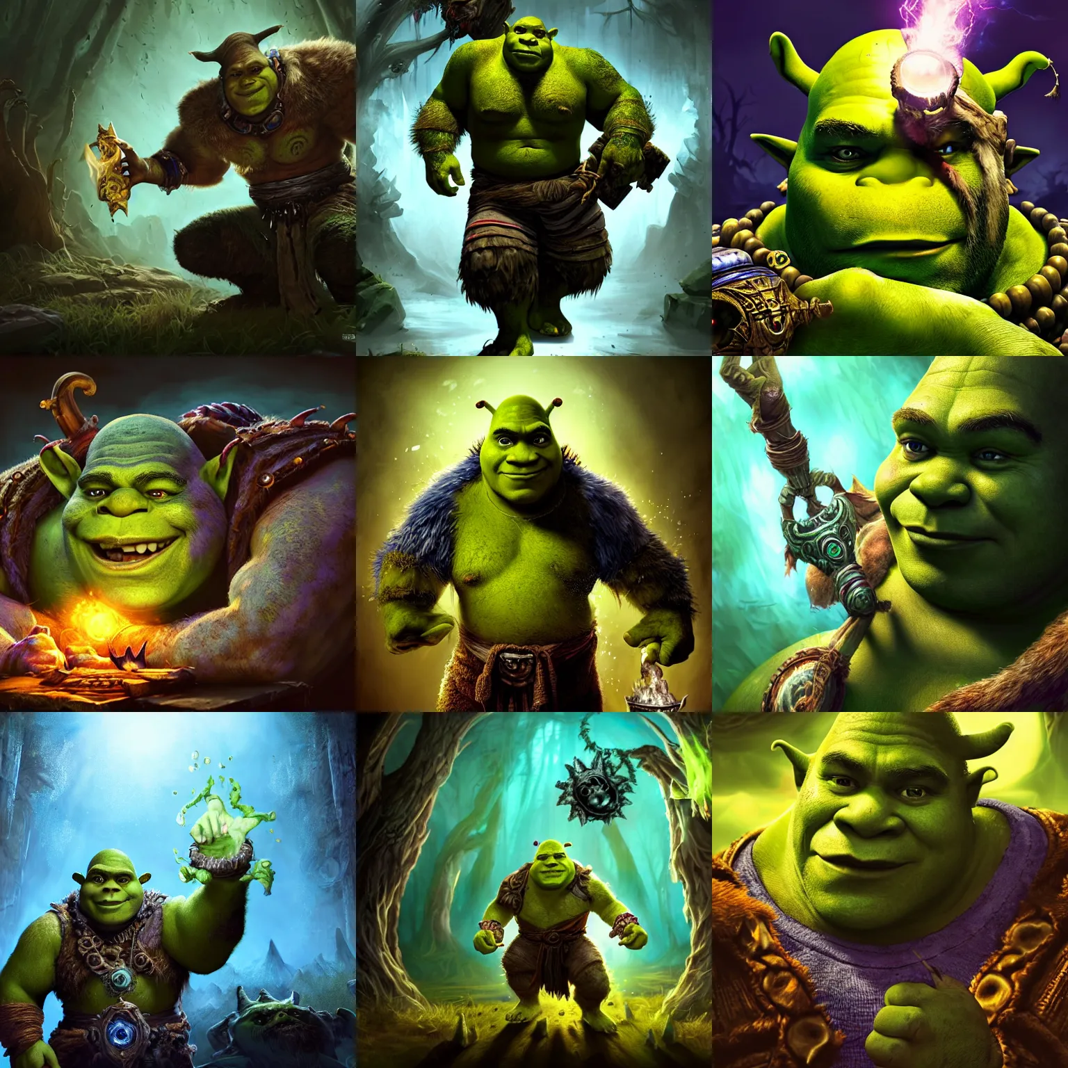 Prompt: portrait of shrek as a shaman doing voodoo, witchcraft, league of legends amazing splashscreen artwork, dungeons and dragons, gears of war, splash art, natural light, elegant, photorealistic facial features, intricate, fantasy, detailed face, atmospheric lighting, anamorphic lens flare, cinematic lighting, league of legends splash art, hd wallpaper, ultra high details by greg rutkowski