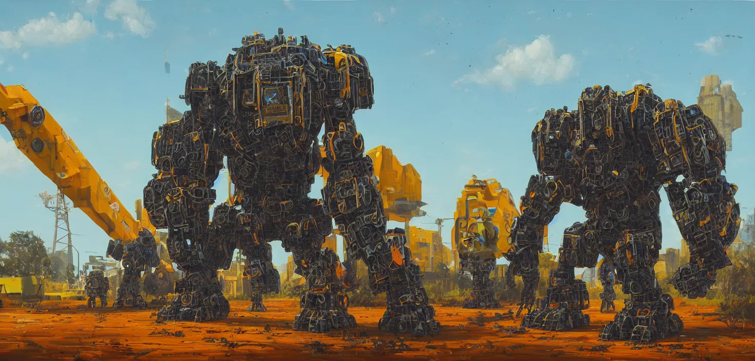 Image similar to an intricate oil painting of a giant south african armored gorilla shaped scrap metal mecha by simon stalenhag, yellow, orange and cyan paint decals