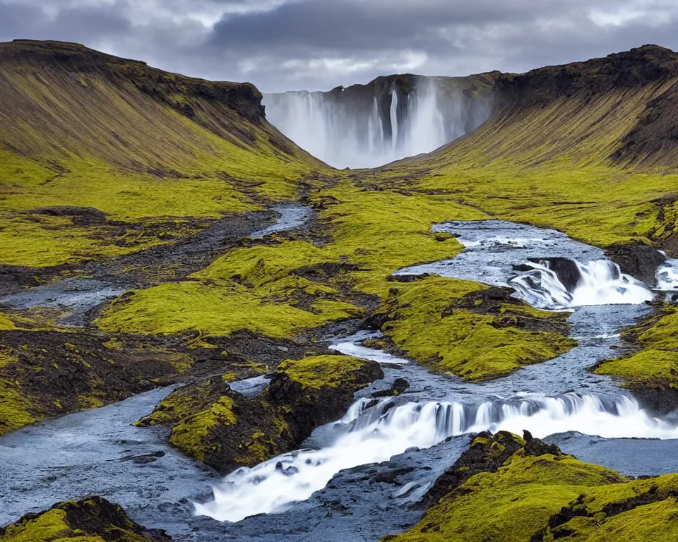 Prompt: an icelandic landscape, waterfall, hyper - realistic