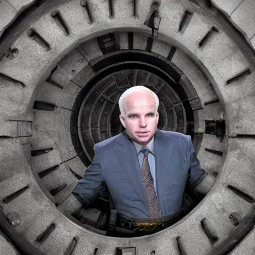 Image similar to cinematic shot of john mccain wearing futuristic armor in a sewer, very detailed, very intricate,