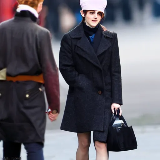 Prompt: emma watson wearing a berret, beautiful, busy city street setting, bokeh, wide lens