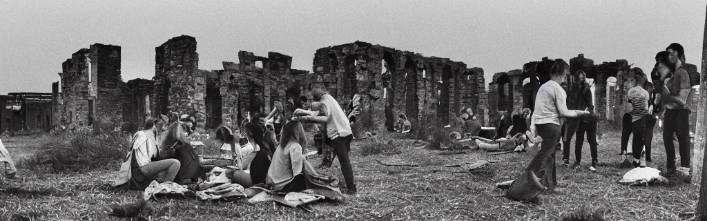 Image similar to group of humans huddled around a bonfire in a decaying building with the world outside overgrown and in ancient architecture ruins from a higher perspective with dramatic lighting photographed with an animorphic lens, rendered in a cinematic hazy dusk sunset golden hour atmosphere photographed by robert frank ( baldessari dots )