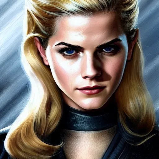 Image similar to A combination of Katheryn Winnick's and Grace Kelly's and Emma Watson's appearance with blonde hair as Solid Snake from Metal Gear Solid, full body portrait, western, D&D, fantasy, intricate, elegant, highly detailed, digital painting, artstation, concept art, matte, sharp focus, illustration, art by Artgerm and Greg Rutkowski and Alphonse Mucha